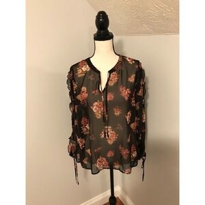 MODCLOTH Women’s “Pleased to Meet You” Floral Black Semi Sheer Tie Top - Size M